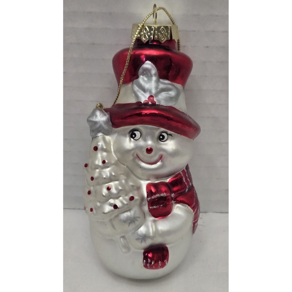 Vtg Handpainted Red/White Iridescent 4" Snowman Blown Glass Ornament Holiday